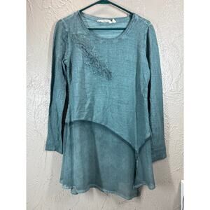 Soft‎ Surroundings Women's Boho Green Blue Tunic Appliqué Asymmetrical Size XS
